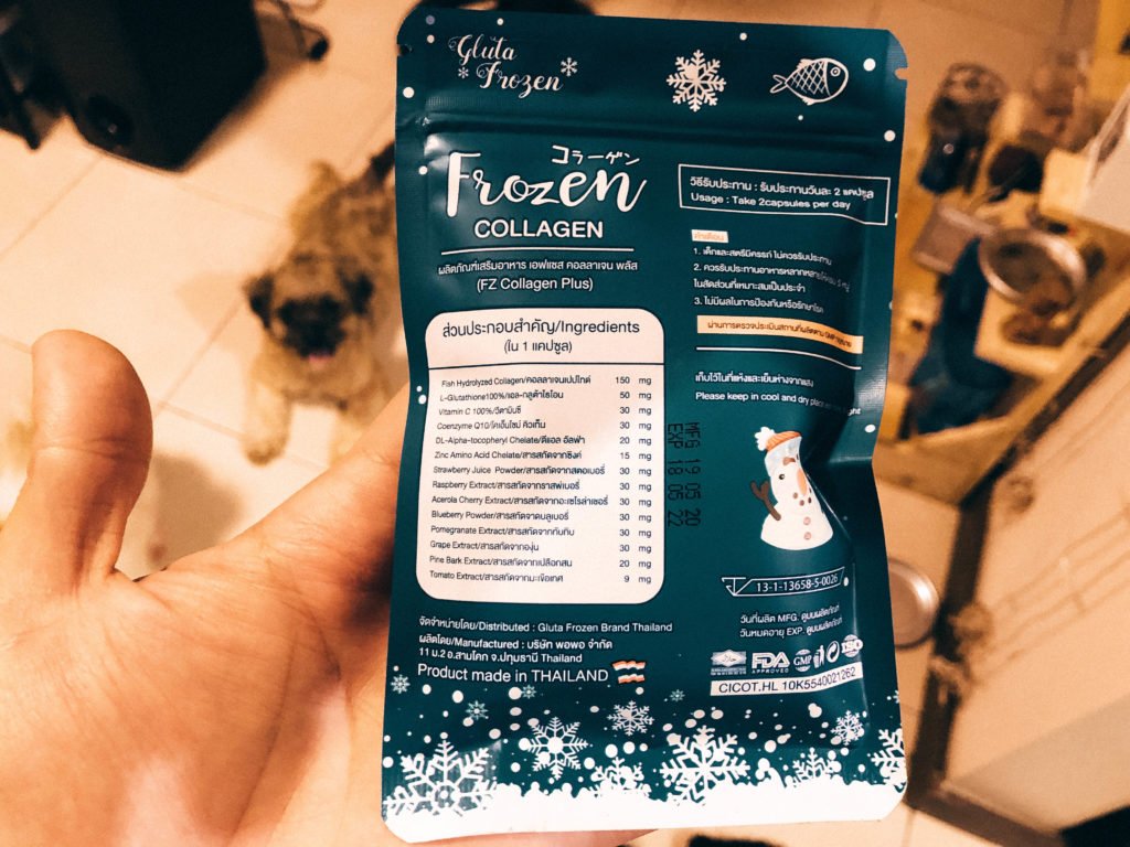 Frozan Collagen benefits with the ingredients and instructions written at the back of the pack